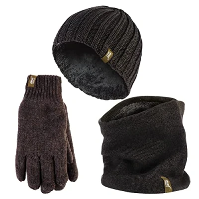 Abbildung von HEAT HOLDERS Herren Halswärmer Mütze Handschuhe Set Winddicht Warm Gestrickt Fleece Thermo Winter (L XL, Khaki Green)