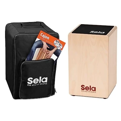 Abbildung von Sela SE 119 Primera Cajon Natur Einsteiger Bundle mit Snare System, aufgebaut, Rucksack, Sitzpad, Schule, CD, DVD