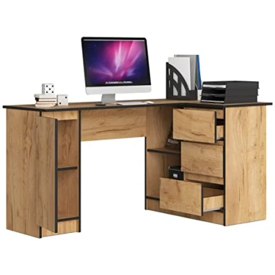 Abbildung von BDW Eckschreibtisch Rechts, 3 Schubladen und 4 Einlegeböden, viel Platz zum Ausbreiten, für Jugendzimmer, Büros Ateliers, Computertisch, Arbeitstisch, Bürotisch, 155x77x99, Eiche Craft
