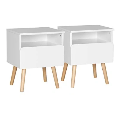 Abbildung von WOLTU® Nachttisch 2er Set Nachtkommode Nachtschrank Beistelltisch Sofatisch, mit Schublade und Offenem Fach, Beinen, Holz, Weiß, 40x33,5x50cm(BxTxH), TSR58ws 2