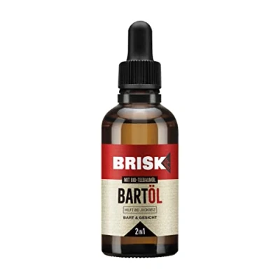 Abbildung von BRISK 2in1 Bartöl für Männer, 50 ml, Bartpflege mit Bio Teebaumöl, zieht schnell ein, gepflegte Haut &amp; weiche Barthaare, fettet nicht, zur Rasur, Gesichtspflege