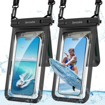 Abbildung von SYNCWIRE wasserdichte Handyhülle, 2er Pack IPX8 Doppelter Unterwasser Handybeutel für iPhone 15 14 13 12 Pro Max XR XS X SE, Samsung S24 S23 S22 Ultra S21 Telefone unter 8,5 Zoll Schwarz