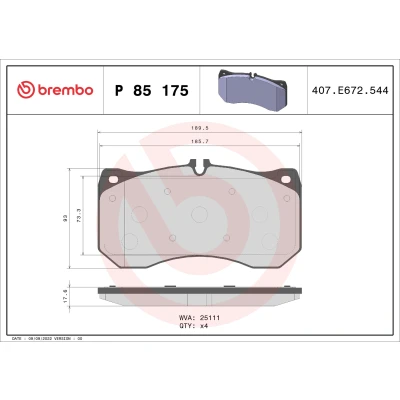 Abbildung von BREMBO P 85 175 Bremsbelagsatz für Verschleißwarnanzeiger vorbereitet ohne Zubehör AUDI: A6 C7 Avant, Limousine, A7 Sportback