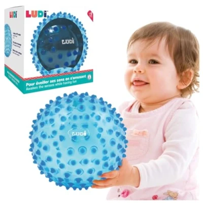 Abbildung von Ludi Blauer Massageball sensorisches Erwachen für Babys ab 6 Monaten weiche Noppen Stimulation, Geschicklichkeit und Koordination 100% PVC waschbar Ø 20 cm lindert die Zähne