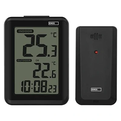 Abbildung von EMOS Digitales Thermometer mit drahtlosem Außensensor, Innen und Außenthermometer Hygrometer, Hintergrundbeleuchtung, Anzeige Min. Max. Messwerte, Wecker Snooze Funktion, Batteriebetrieb