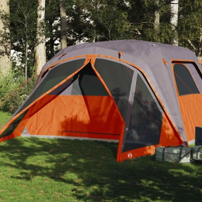 Abbildung von vidaXL Familienzelt mit Vorzelt 6 Personen, Campingzelt Netzwände Überzelt, Kabinenzelt E Anschluss, Wurfzelt Zelt, Grau Orange 185T Polyester