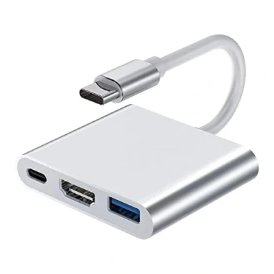 Abbildung von QIANRENON USB C auf HDMI USB3.0 Multiport Adapter 3 in 1 CKonve Konverter 4K Ausgang Port &amp; Ladeport Digitaler Silber