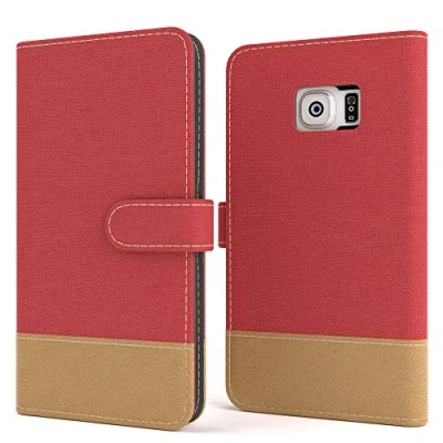 Abbildung von EAZY CASE Tasche kompatibel mit Samsung Galaxy S6 Edge Stoff Schutzhülle Standfunktion Klapphülle Bookstyle, Handytasche Handyhülle Magnetverschluss und Kartenfach, Kunstleder, Rot