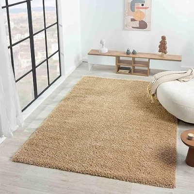 Abbildung von VIMODA Teppich Prime Shaggy Hochflor Langflor Einfarbig Modern Beige für Wohnzimmer, Schlafzimmer, küche, Maße:Ø 160 cm Rund