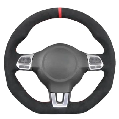 Abbildung von MEWANT Lenkradbezug Kompatibel mit Golf 6 GTI MK6 Polo R CC Line 2010 Individuelle Hand Nähen Schwarz Wildleder Auto Lenkradhülle
