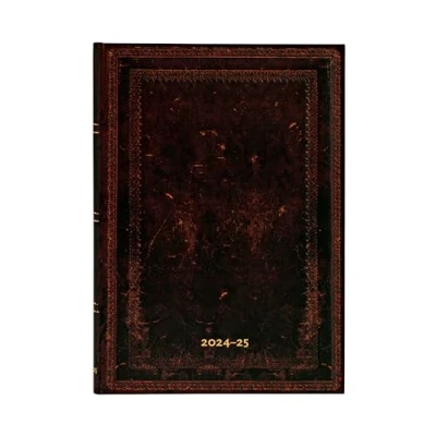Abbildung von Paperblanks 13 Monatskalender 2025, Schwarzes Marokkoleder Schlicht, Midi, Horizontal, Elastikband Verschluss
