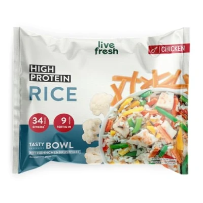 Abbildung von LiveFresh High Protein Reis 21 x 400g Diät Feriggerichte mit Hähnchen Low Carb 24g und nur 360 kcal pro Portion Schnell zubereitet Schonend schockgefrostet