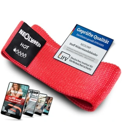 Abbildung von NEOLYMP Kurze Fitnessbänder Stoff mit Fitness Traningsprogramm E Book waschbare Resistance Bands, Widerstandsbänder, Gymnastikband, Fitnessband, Trainingsbänder, Klimmzugbänder (rot)