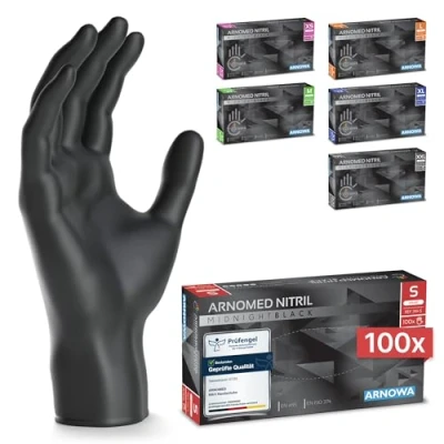 Abbildung von ARNOMED Einweghandschuhe 100 Stück/Box, Schwarze Einmalhandschuhe S, puderfreie &amp; latexfreie Nitrilhandschuhe, Handschuhe in Gr. M, L XL verfügbar