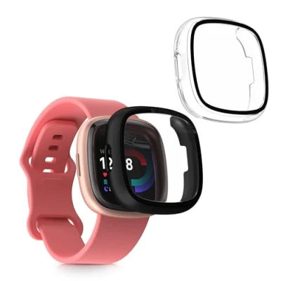 Abbildung von kwmobile 2X Cover kompatibel mit Fitbit Versa 4 / Sense 2 Hülle Fullbody Fitnesstracker Case Set aus Glas Transparent Schwarz