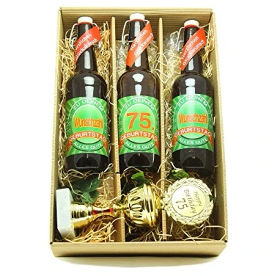 Abbildung von Bier Geschenk Präsentkarton mit und Pokal 75. Geburtstag