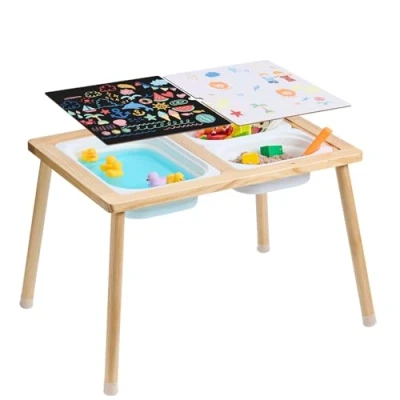 Abbildung von VEVOR Sensoriktisch für Kleinkinder Aktivitätstisch mit 3 faltbaren Aufbewahrungsbehältern &amp; doppelseitiger Tafel, Sand und Wassertisch Kinder aus Holz zum Zeichnen Lernen Essen