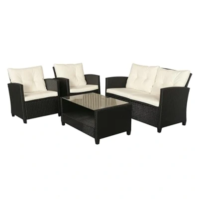 Abbildung von Outsunny Polyrattan Sitzgarnitur 4 TLG. Sitzgruppe Gartenset Sofagarnitur Gartenmöbel Set Lounge Metall Luxus Schwarz