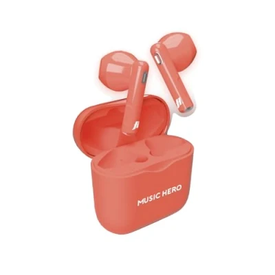 Abbildung von Music Hero kabellose Ohrhörer, neonfarben, True Wireless Stereo (TWS) Technologie, 180 mAh Ladegerät, Touch Bedienelemente, integriertes Mikrofon, Semi In Ear, rot