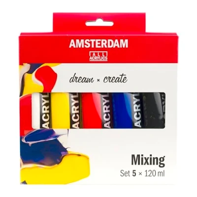 Abbildung von Amsterdam Standard Serie Acrylfarben Set Farbtheorie Mischset (5 x 120 ml Tuben) warme Grundfarben + Schwarz &amp; Weiß