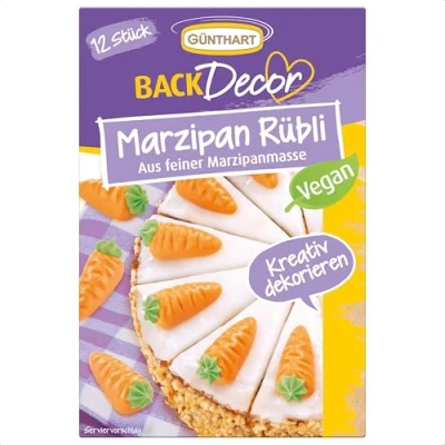 Abbildung von Günthart Backdecor 12 Stück Marzipan Rübli VEGAN, Ruebli aus feinem Marzipan, mit grünem Zucker Strang, er Pack (1 x 40 g)