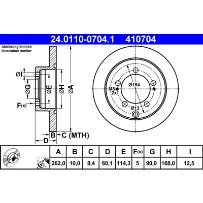 Abbildung von ATE 24.0110 0704.1 Bremsscheibe 262,0 10,0 5 114,3 voll beschichtet MITSUBISHI: ECLIPSE 2, Outlander I SUV, Lancer 7 Kombi