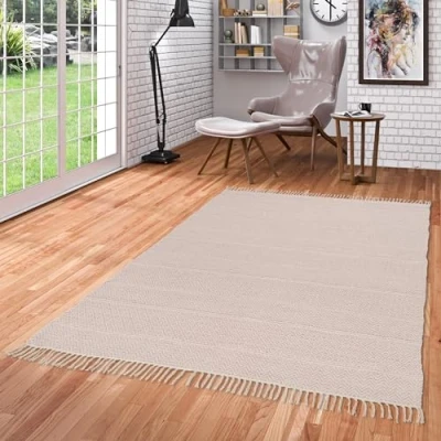 Abbildung von Pergamon Baumwolle Natur Kelim Teppich Sandy Rosa Stripes in 7 Größen