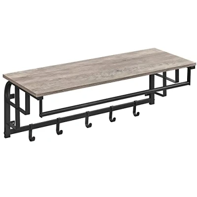 Abbildung von VASAGLE Wandgarderobe mit Aufbewahrungsregal, Wandregal 5 abnehmbaren Haken, Hängeregal Kleiderstange, für Eingang, Schlafzimmer, Wohnzimmer, Grège und Schwarz LCR102B02