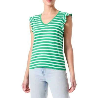 Abbildung von ONLY Damen ONLMAY LIFE S/S FRILL V NECK TOP Box JRS T Shirt, Green Bee/Stripes:Cloud dancer (dina), X Small