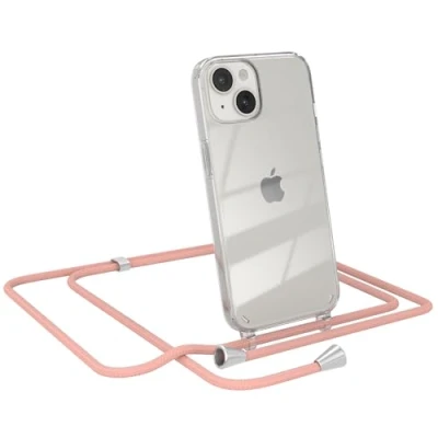 Abbildung von EAZY CASE Smartphone Necklace kompatibel mit iPhone 14, Tasche Kette Schultertasche Crossbody Bag, Handyhülle zum Umhängeband Kordel in komplett Alt Rosa Endstücken Silber