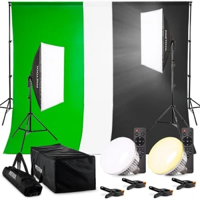 Abbildung von PIXETOOL Fotostudio Set Greenscreen (1,8 x 2,8 m) mit Ständer (0,9 2 Softbox Lampen Green Screen Fotohintergrund Reflektor Studiolicht Fotolampe Streaming Fotografie Zubehör
