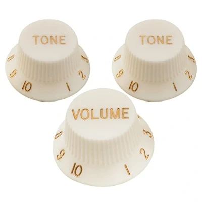 Abbildung von Musiclily Pro Metrische Strat Knöpfe Potiknöpfe 1 Volume 2 Tone Knobs Set für Style E Gitarre, Aged White (3er Set)