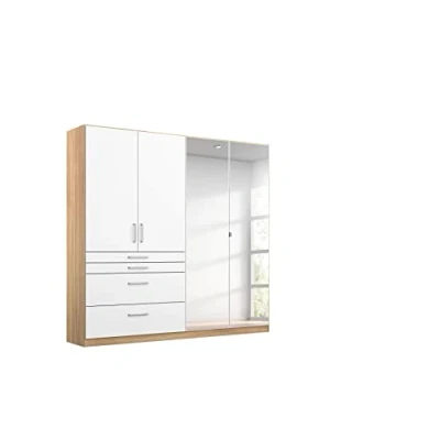 Abbildung von Rauch Möbel Harburg Schrank Kleiderschrank Drehtürenschrank Weiß/Eiche Sonoma 4 türig mit Spiegel und Schubladen inklusive Zubehörpaket Basic 3 Einlegeböden, 1 Kleiderstange BxHxT 181x197x54 cm