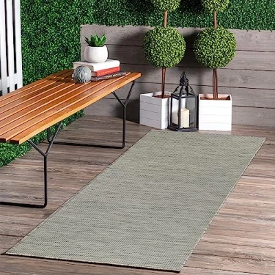 Abbildung von Jimri In &amp; Outdoor Teppich Wetterfester für Balkon, Terrasse, Garten, Wohnzimmer, Küche Strapazierfähiger Bodenteppich, Widersteht UV Strahlen Wasser Größe 60 x 180 cm, Silber