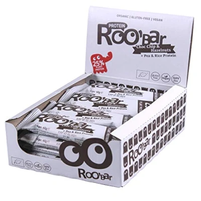 Abbildung von Roobar Protein Schokochip &amp; Haselnuss 100% Bio, Vegan, Proteinriegel, milchfrei glutenfrei 16 x 40g Riegel in einer Box