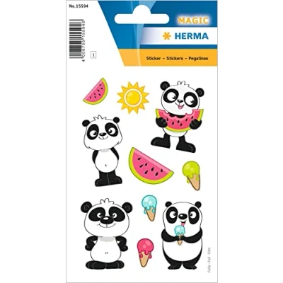 Abbildung von HERMA 15594 Aufkleber Panda klein groß, 10 Stück, Tiere Sticker mit lustigen Pandabär Wassermelone Eis Motiv, Kinder Etiketten für Fotoalbum Tagebuch Scrapbooking Geburtstag Deko Briefe DIY Basteln