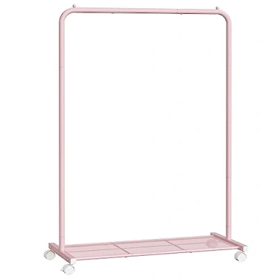 Abbildung von SONGMICS Kleiderständer, Kleiderstange auf Rollen, Garderobenständer Metall, Rollgarderobe 91 cm breit, mit Ablage, 2 Rollen Bremse, Garderobenstange bis 40 kg belastbar, pastellrosa HSR025P01