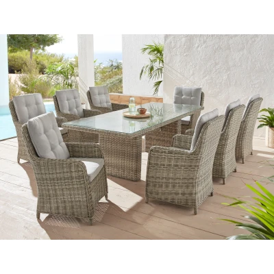 Abbildung von KONIFERA Garten Essgruppe &quot;Venedig&quot;, (Set, 25 tlg., 8x Sessel, 1x Tisch 230,8x100,5x76 cm, inkl. Auflagen), Polyrattan, Aluminium, Tischplatte aus 5mm starkem Sicherheitsglas