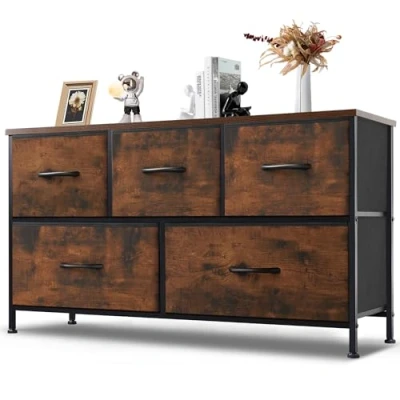 Abbildung von DUMOS Kommode mit Schubladen kommoden&amp;Sideboards für Schlafzimmer Geeignet, Komodenschrank 5 Schubladen, Stoffkommode Stabilem Stahlrahmen, Ideal Schlafzimmer, Wohnzimmer (Vintagebraun)