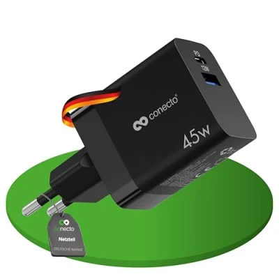 Abbildung von conecto USB C Ladegerät, 2 Port Mehrfach Adapter, Netzteil 45 Watt Schnellladegerät kompatibel mit Apple iPhone 15, Samsung, Tablet, Laptop UVM, GaN QC PD Charger, Schwarz
