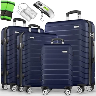 Abbildung von tillvex® Reisekoffer Set 4 TLG. + Gepäckwaage, 8X Koffergurte &amp; 4X Kofferanhänger Kofferset Rollen Trolley Gepäck Koffer TSA Schloss Rollkoffer Hartschalenkofferset S M L XL (Navyblau)