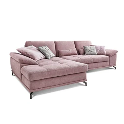 Abbildung von Cavadore L Form Sofa Castiel mit Federkern / Große Eckcouch Sitztiefenverstellung und XL Longchair 312 x 89 173 Webstoff, Flieder Rosa