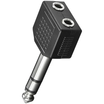 Abbildung von BestPlug Y Audio Stereo Adapter Verteiler Splitter Weiche Aux in Out, 2 3,5mm Klinke Buchse Kupplung weiblich auf 1 6,3mm Stecker männlich, Schwarz