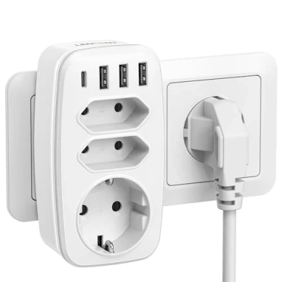 Abbildung von LENCENT USB Steckdose Steckdosenadapter 7 in 1 Mehrfach Stecker, 3 Fach Multistecker Doppel Euro und Schuko 4000W, Mehrfachsteckdose mit A &amp; Typ C für Smartphone, Laptop