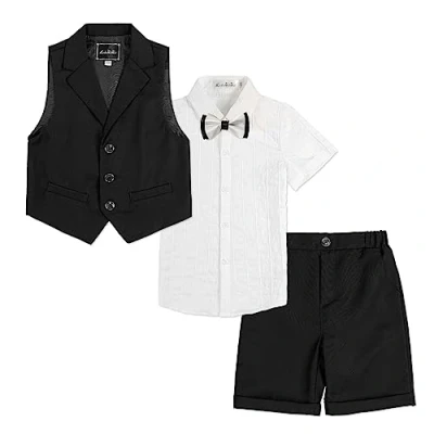 Abbildung von LOLANTA 4 teiliger Kinder Freizeit Anzug Set, Jungen Sommer Festlich Hochzeitsanzug, Kurzarm Hemd, Fliege, Weste, Kurze Hose, Schwarz, 2 3 Jahre, 110
