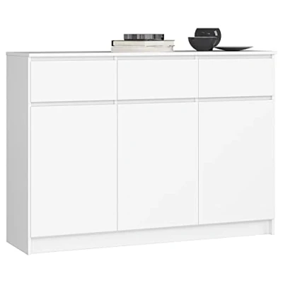 Abbildung von Home Collective Kommode weiß 140cm breit Schlafzimmer und Wohnzimmer, mit 3 Schubladen Türen