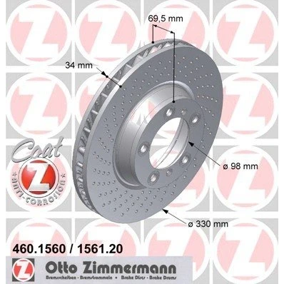Abbildung von ZIMMERMANN COAT Z 460.1561.20 Bremsscheibe 330 34 7/5 5 130 innenbelüftet, gelocht beschichtet PORSCHE: 911 Coupe, Cabrio, Targa