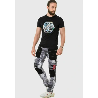 Abbildung von Cipo &amp; Baxx Herren Jeans Hose Rockig Nieten Straight Fit Denim Pants CD805 Grau W38 L34