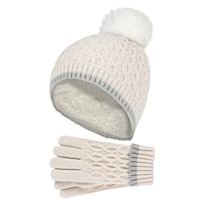 Abbildung von HEAT HOLDERS Mädchen Kinder StrickMütze Bommel Pompom und Strickhandschuhe Set (7 10 Jahre, Butter)