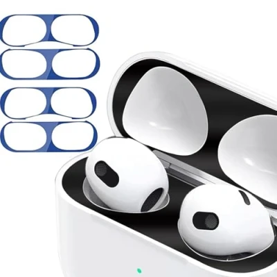 Abbildung von Staubschutz Sticker kompatibel mit AirPods 4（2024） Hülle, 2 Sätze Metallstaub Schutz Aufkleber, Ultraschlanke Folie, Überzug Staub schützen Drahtloser Ladekoffer (Blue+Blue)